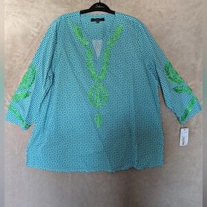 Calessa geometric pattern V-neck Embroidered Tunic Top Size 1X
